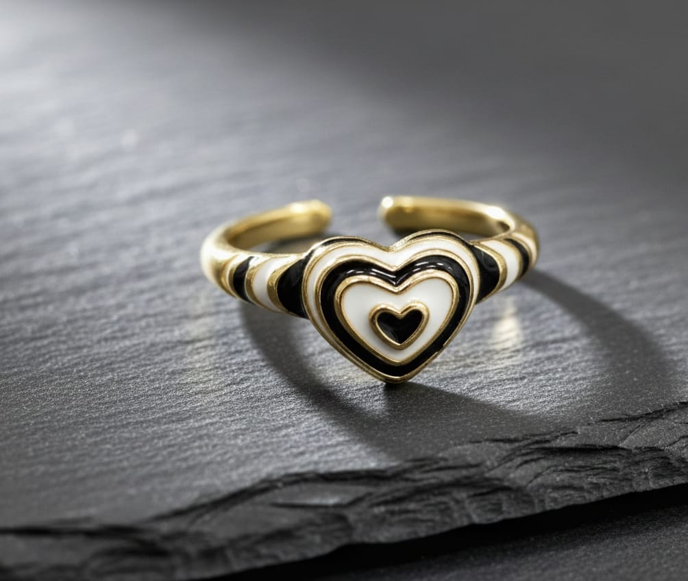 Black - White Enamel Heart Ring