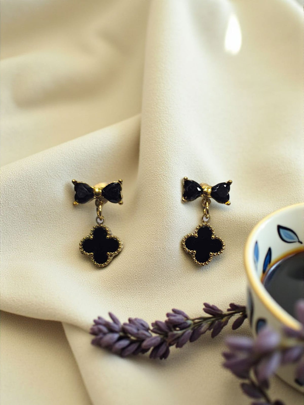 Gold Plated Black Clover Dangle Earrings