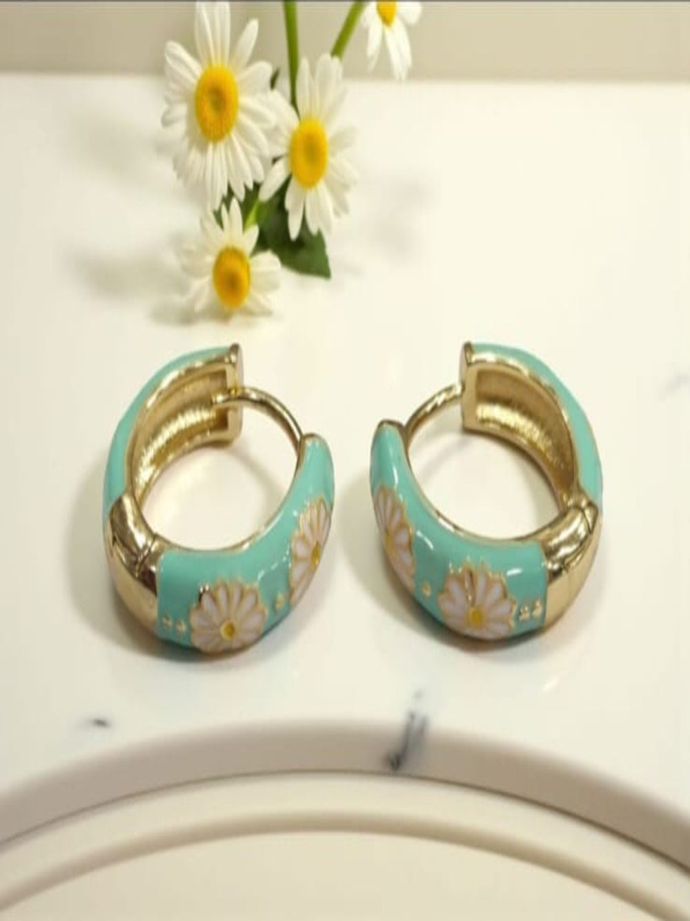 Pastel Blue Floral Enamel Hoop Earrings