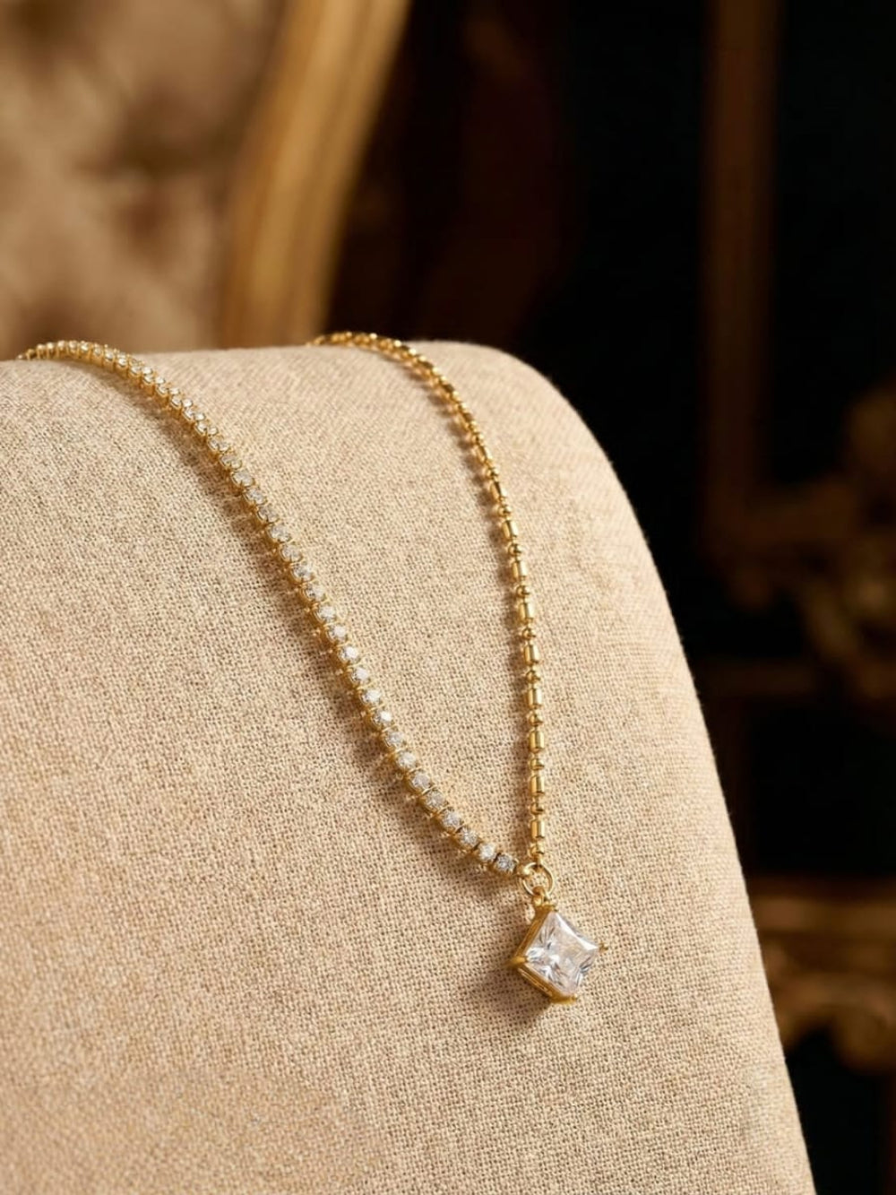 Princess cut solitaire gold necklace