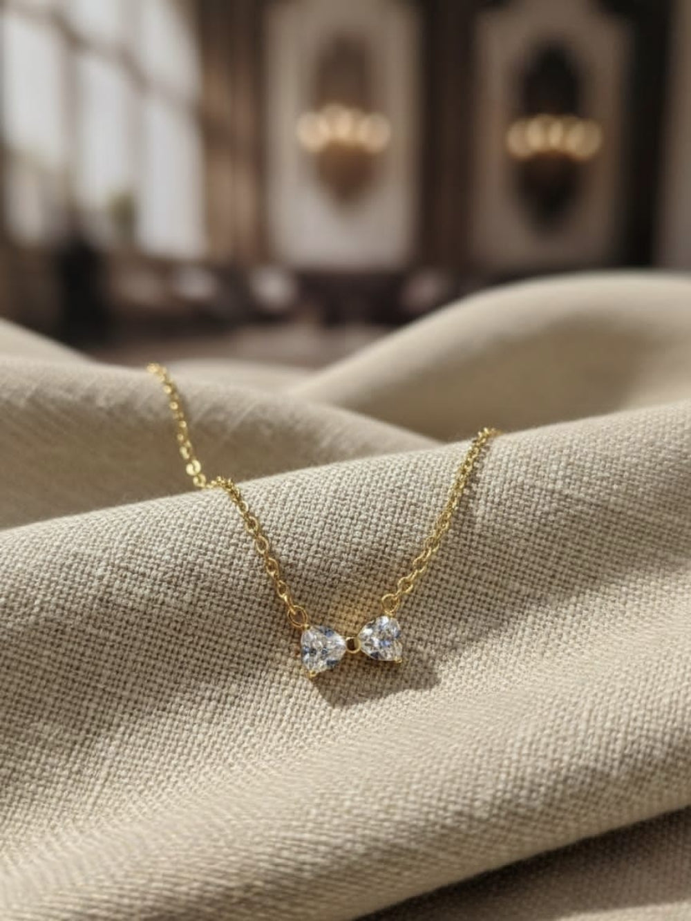 Double heart solitaire gold pendant necklace